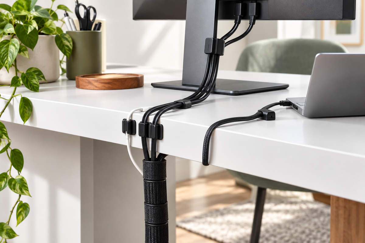 Tidy desk cable management setup