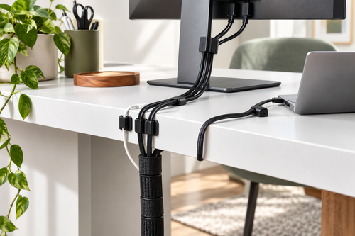 Tidy desk cable management setup