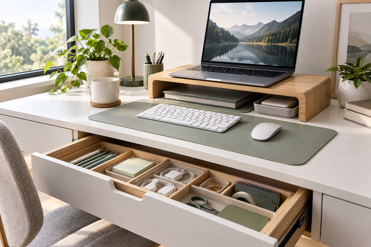 Workspace with laptop riser and organized drawer