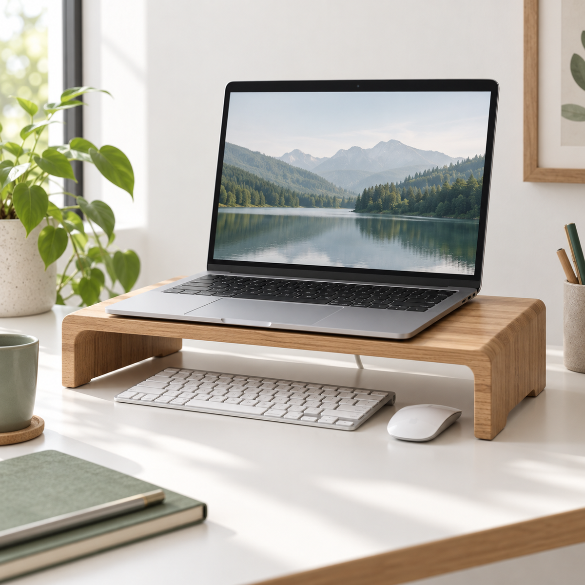 TidyNest Wood Laptop Riser on an organized desk