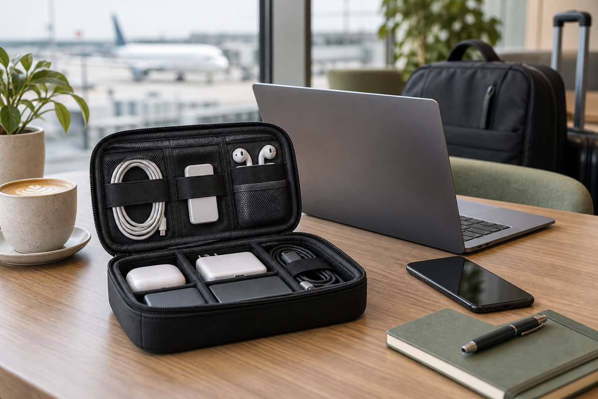 Travel tech organizer packed with cables and accessories